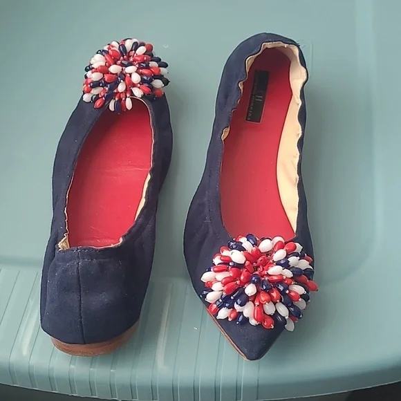 Carolina Herrera Blue Suede Red/White/Red Decorative Bow Flat Shoes Size 38/7.5 - Picture 5 of 8